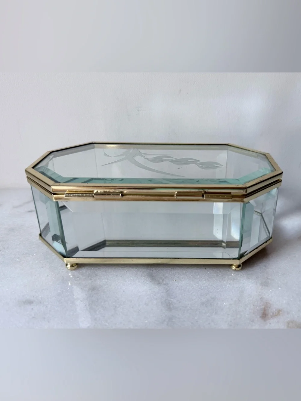 Glass and Brass Display Jewelry Case - Gold Finish, vintage